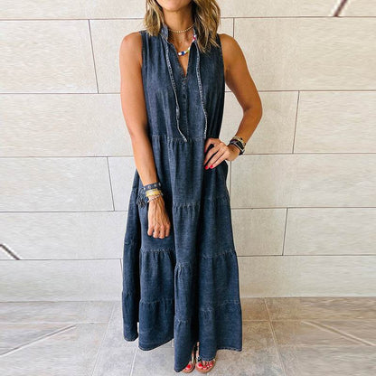 Women's Sleeveless Denim Fashion Retro High Waist Layered Dress - www.Shopthatapp.com