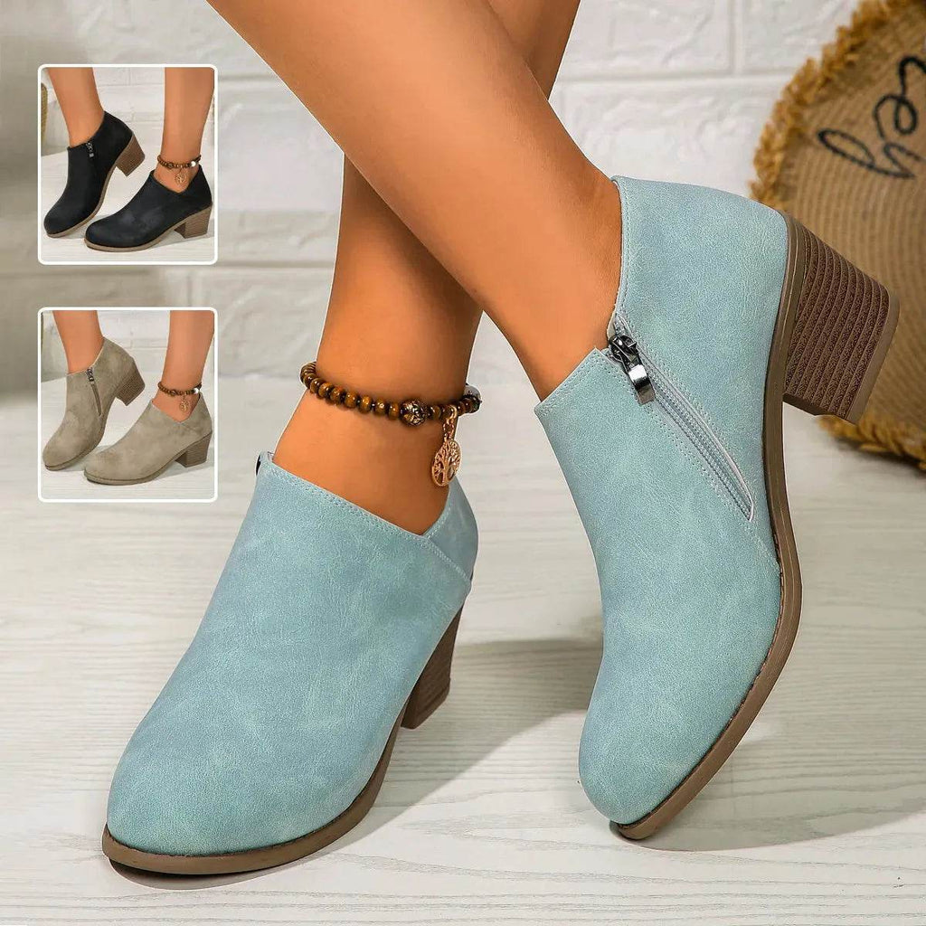Chunky Heel Round Toe Ankle Boots With Side Zipper Design Fashion Fall Winter Short Boots For Women Shoes - www.Shopthatapp.com
