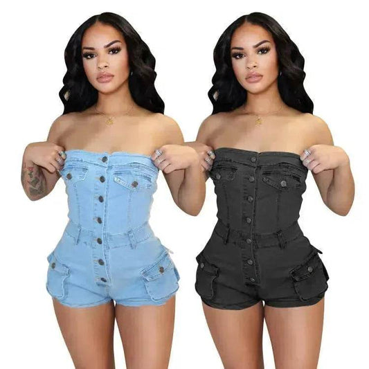Women Denim Tube Romper Jumpsuit Strapless Bodycon Denim Short Jumpsuit - www.Shopthatapp.com