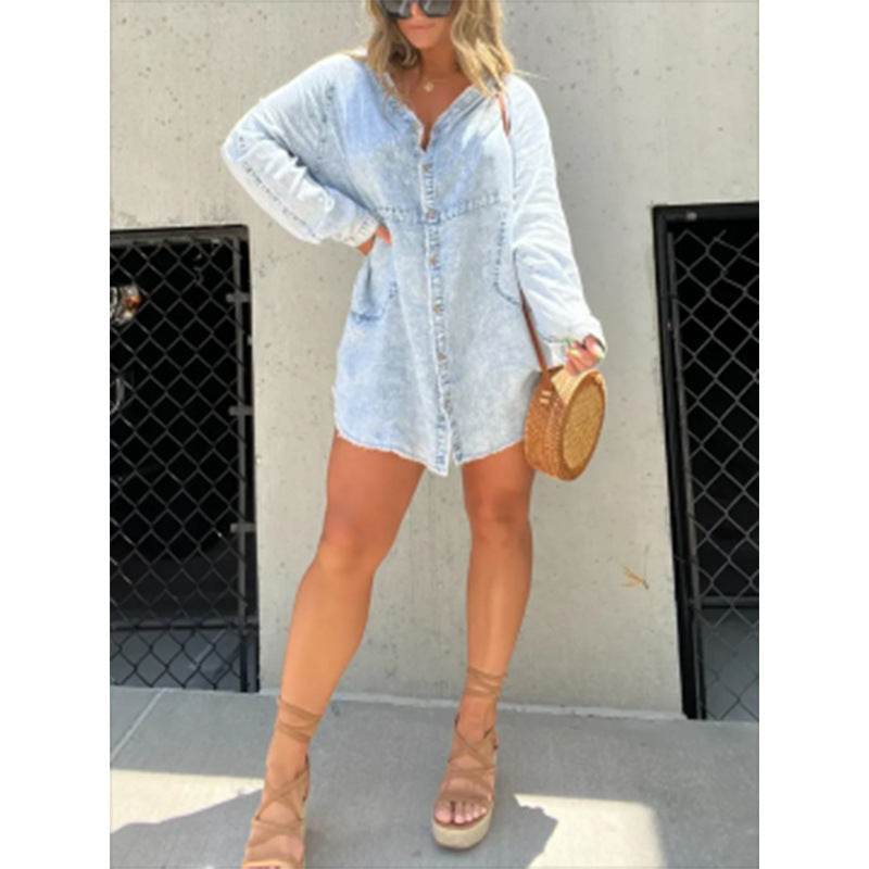 Women's Denim Washed Loose Shirt Dress - www.Shopthatapp.com