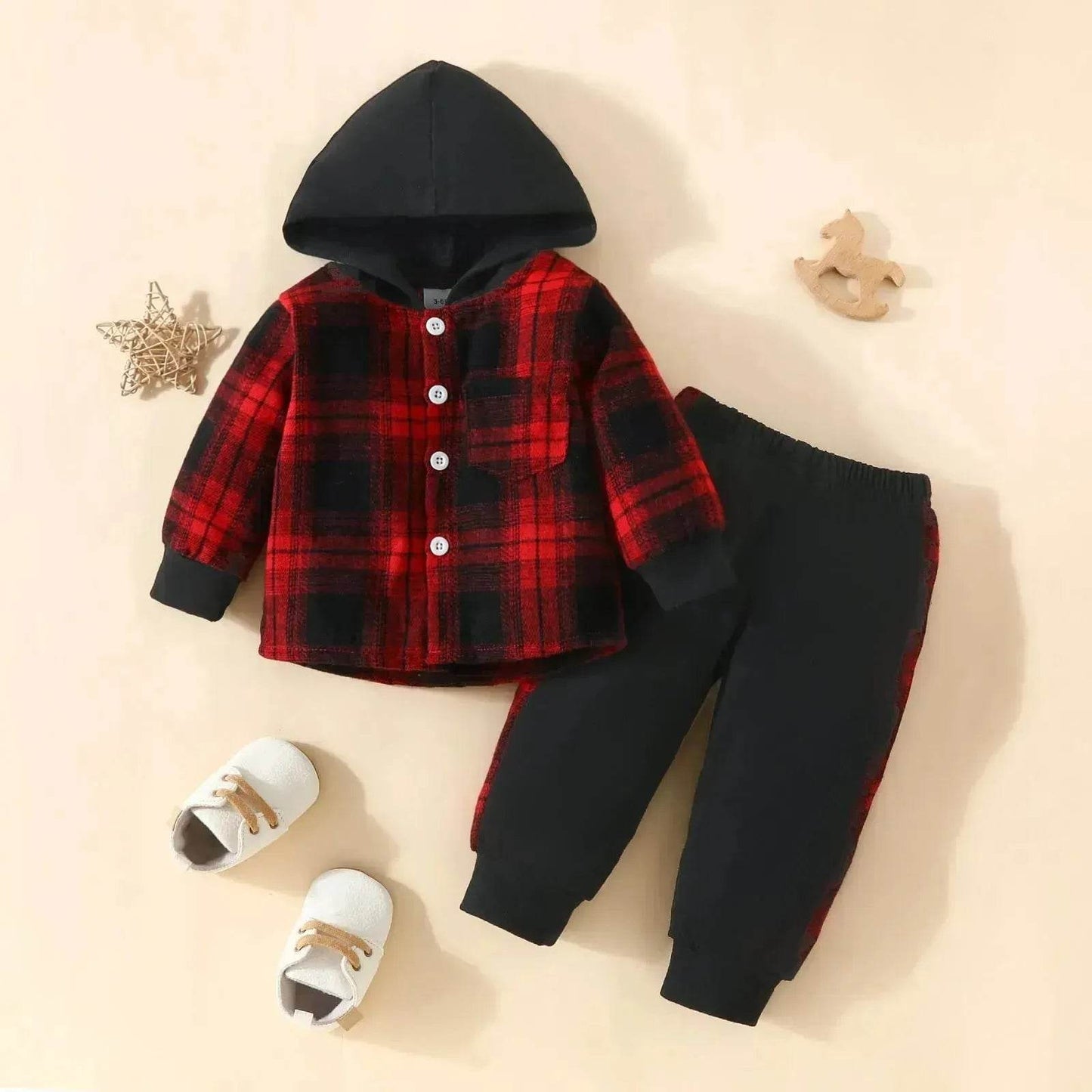 Toddler Baby Boy Classic Plaid Hooded Long Sleeve Shirt Contrast Color Trousers Suit Two piece for boys - www.Shopthatapp.com