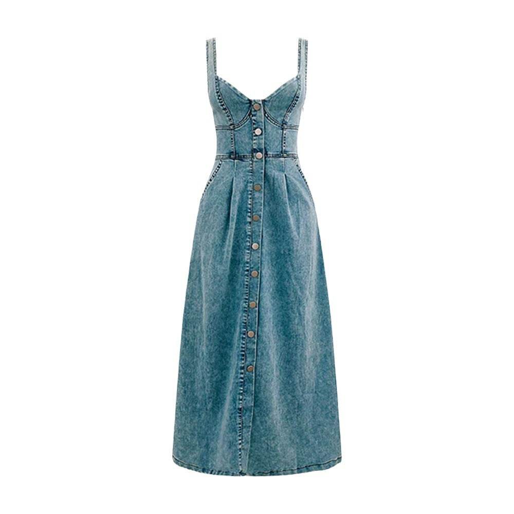 Women's sleeveless Denim Buckle Strap Midi maxi Dress - www.Shopthatapp.com