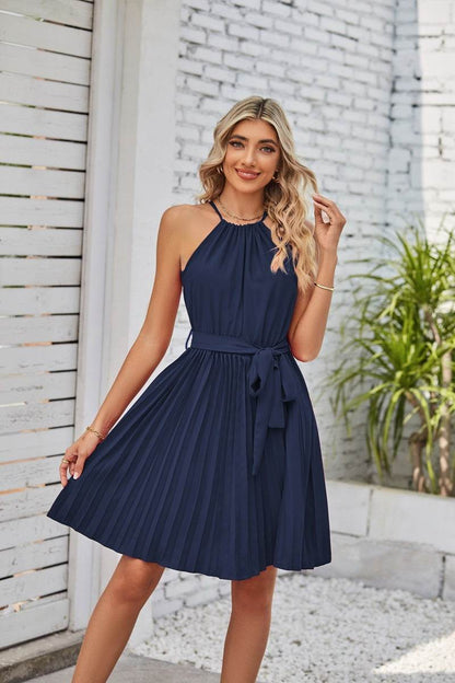 Halter Strapless Dresses For Women Solid Pleated Skirt Summer Beach Sundress - www.Shopthatapp.com