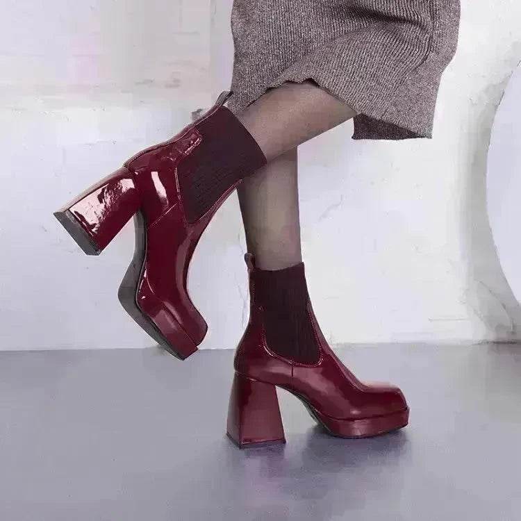 Buy Women Platform Block heel Patent leather boot Woolen winter boot - www.Shopthatapp.com