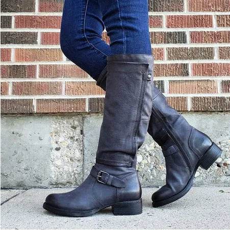 Round Toe Low Heel High Leg Boot - www.Shopthatapp.com
