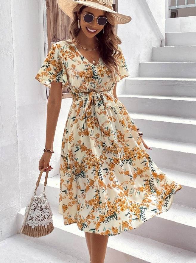 Women Bohemian Spring Short sleeve Casual flowy V-neck Tie belt Floral Summer Midi Dress - www.Shopthatapp.com