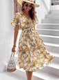 Women Bohemian Spring Short sleeve Casual flowy V-neck Tie belt Floral Summer Midi Dress - www.Shopthatapp.com