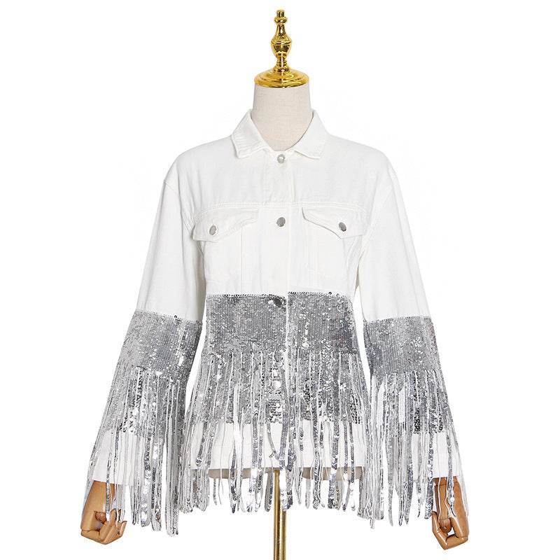 Lapel Pocket Heavy Industry Sequins Tassel  Loose Ripped Denim Jacket Women - www.Shopthatapp.com