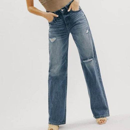 Blue Jeans Pant women Mid waist Denim Wide Leg Denim Pant - www.Shopthatapp.com