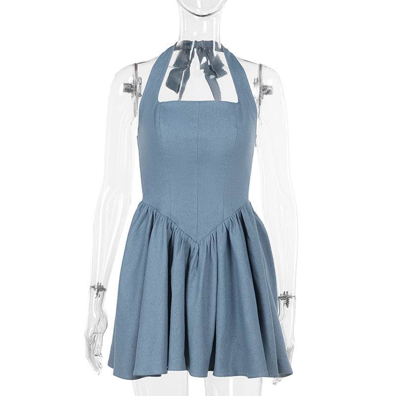 Women sleeveless Sling Waist jeans Denim Dress Backless halter neck flared mini dress - www.Shopthatapp.com