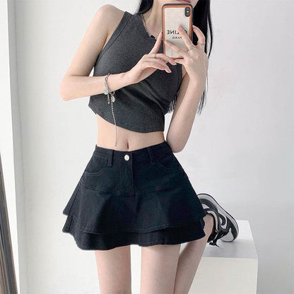 Women's White High Waist flared Mini  Denim Skirt golf skirt - www.Shopthatapp.com