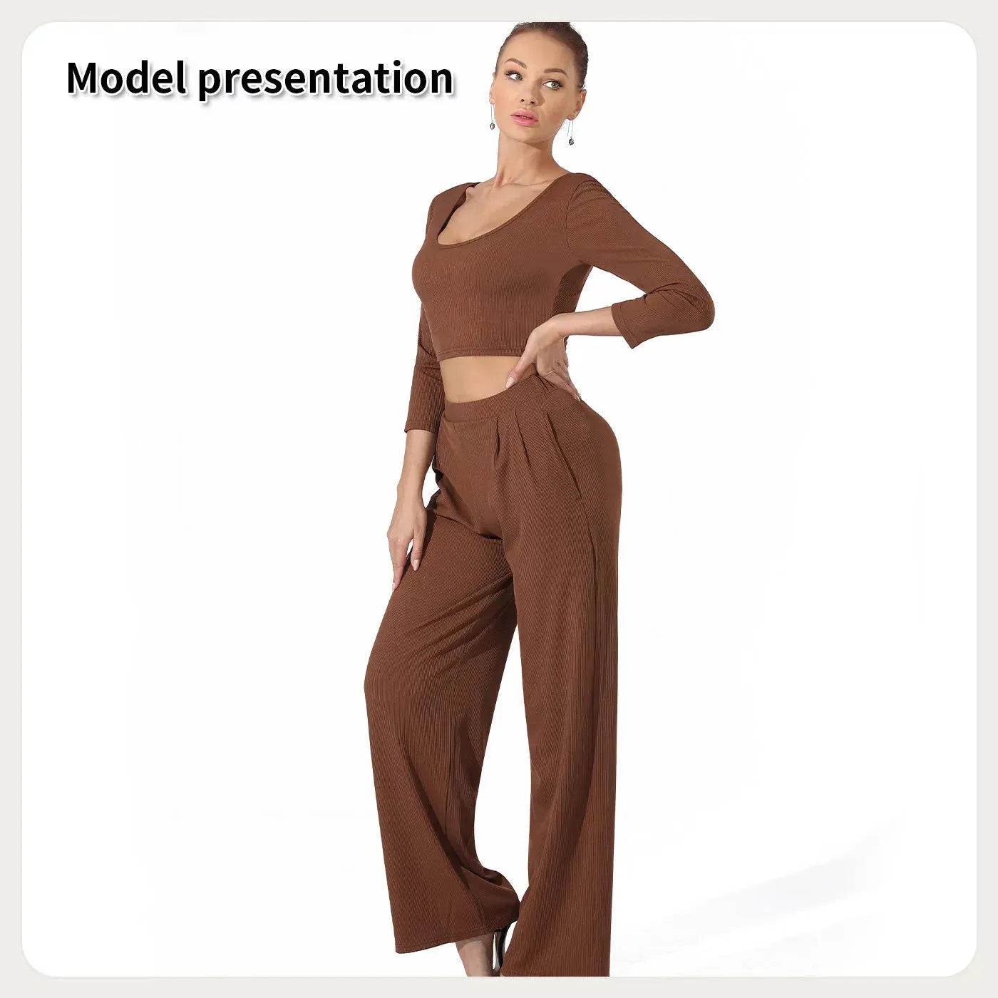 Women Fashion Casual Matching 2pcs set Long Sleeve Crop top and Pant set - www.Shopthatapp.com