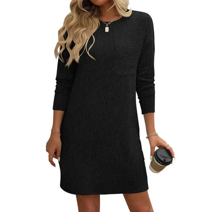 Casual New Solid Color Striped With Pockets Long Sleeve Loose Mini Dress Fashion Round Neck Straight Dress Women's Clothing - www.Shopthatapp.com