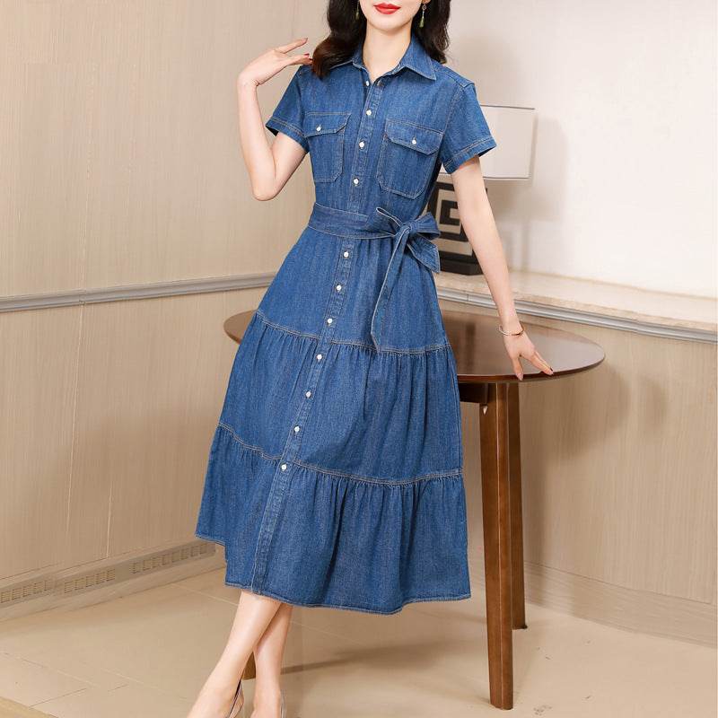 Classy Elegant Single Breasted Denim flared Midi Dress - www.Shopthatapp.com