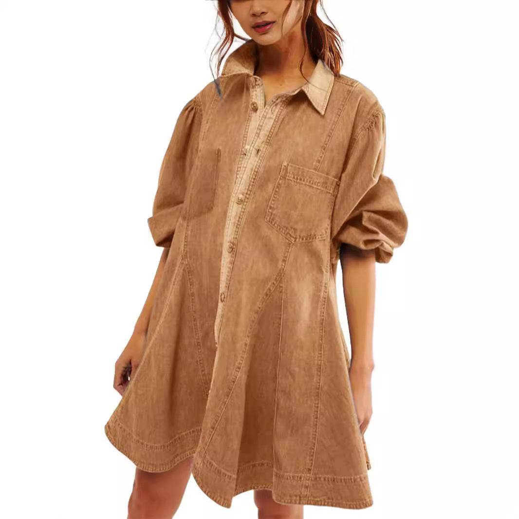 Women's Long Lantern Sleeve Button Denim Dress - www.Shopthatapp.com