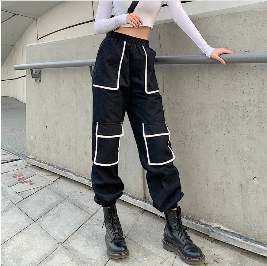 White Stripe Cargo Pants Women Trousers Pockets Patchwork Contrast Color High Waist Pants Hip Hop Capris - www.Shopthatapp.com