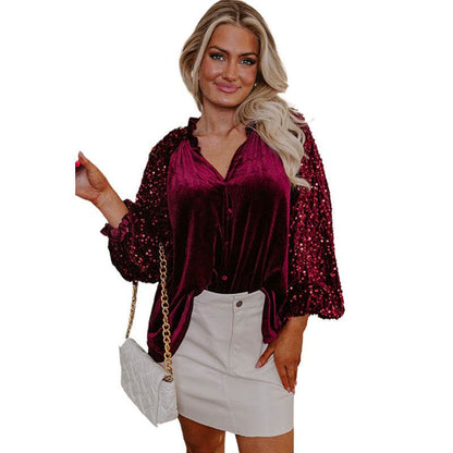 Elegant Fashion Sequined Long sleeve Suede V-neck Blouse top  women - www.Shopthatapp.com
