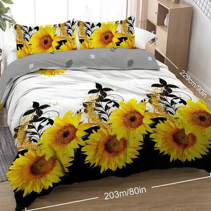 3 Pieces Black And White Background Sunflower Duvet Cover Set Yellow Flower Polyester Bedding Set For Adults Bedroom Decor Twin Full Queen King Size - www.Shopthatapp.com