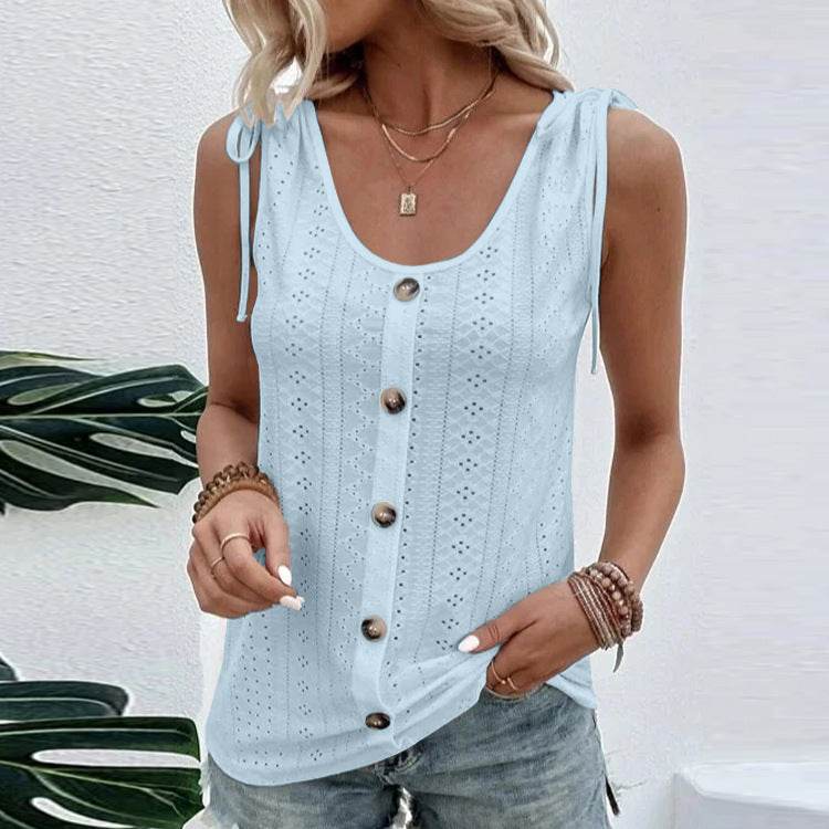 Casual summer U-neck Vest Women Shoulder With Bow Tie Summer blouse top - www.Shopthatapp.com