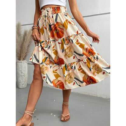 Women's Floral Tiered Midi Skirt Elastic Waist Dressy Casual A-line Flowy Boho Skirts - www.Shopthatapp.com