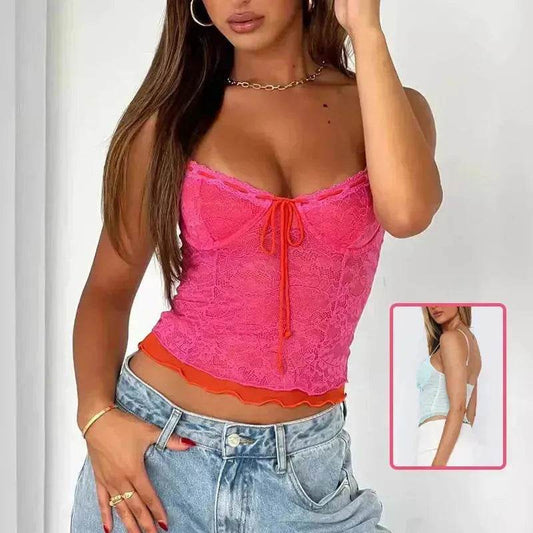 Charming Lace Camisole Top Summer Slim Gauze Backless Vest Fashion Lace-up Evening Top for Women Low Back Tops - www.Shopthatapp.com