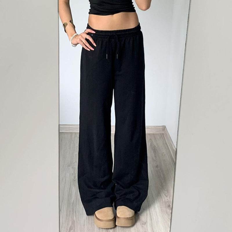 Pure Color Minimal Versatile Sports Style Low Waist Lace-up Draping Mop Straight-leg Trousers - www.Shopthatapp.com