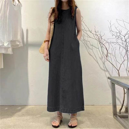 Women's Fashion Sleeveless Mum loose Long Denim Dress - www.Shopthatapp.com