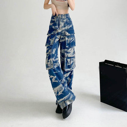New Tie-dye Baggy CargoTrousers With Pockets Y2K Fashion High Waist Loose Wide Leg Pants Spring And Autumn - www.Shopthatapp.com