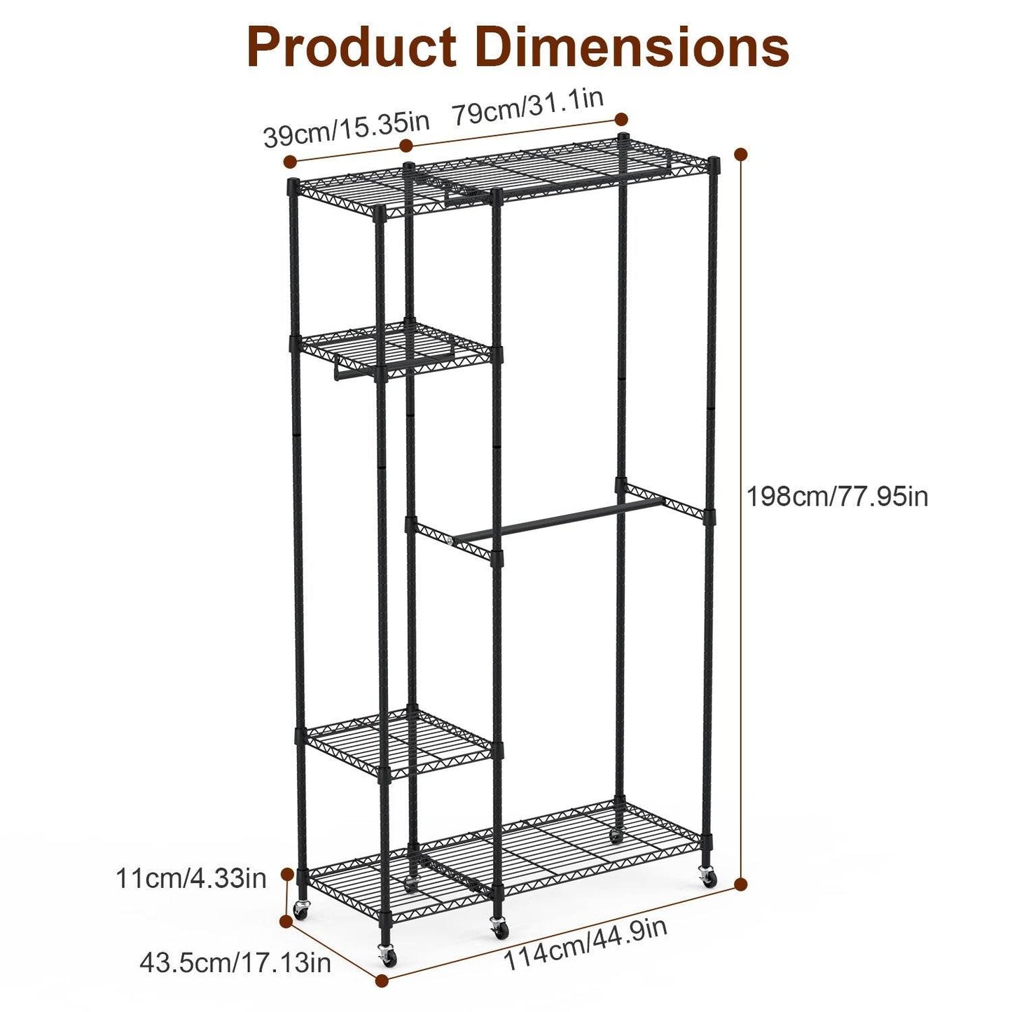 1Pc 4 Tier Heavy Duty Garment Rack With Wheels Carbon Steel Clothing Rack Portable Wardrobe Clothes Rack With 3 Hanging Rods 6 Footrests 44.9x17.13x77.95in - www.Shopthatapp.com