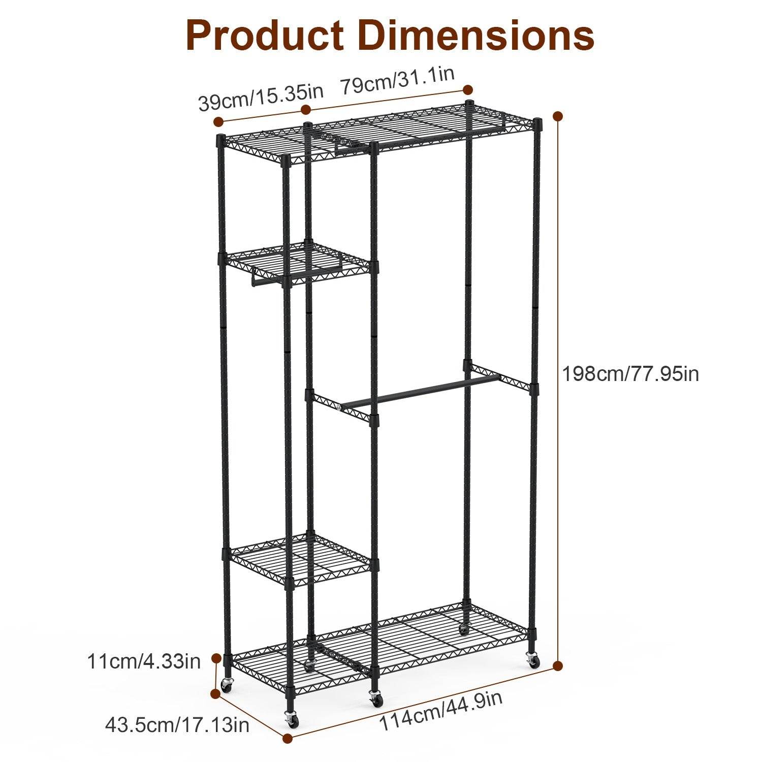 1Pc 4 Tier Heavy Duty Garment Rack With Wheels Carbon Steel Clothing Rack Portable Wardrobe Clothes Rack With 3 Hanging Rods 6 Footrests 44.9x17.13x77.95in - www.Shopthatapp.com