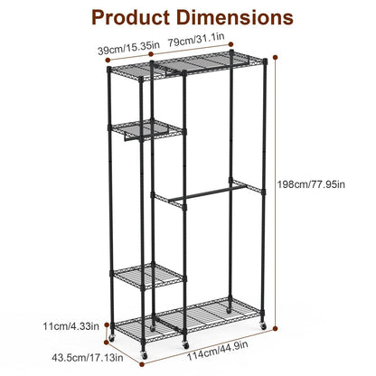 1Pc 4 Tier Heavy Duty Garment Rack With Wheels Carbon Steel Clothing Rack Portable Wardrobe Clothes Rack With 3 Hanging Rods 6 Footrests 44.9x17.13x77.95in - www.Shopthatapp.com