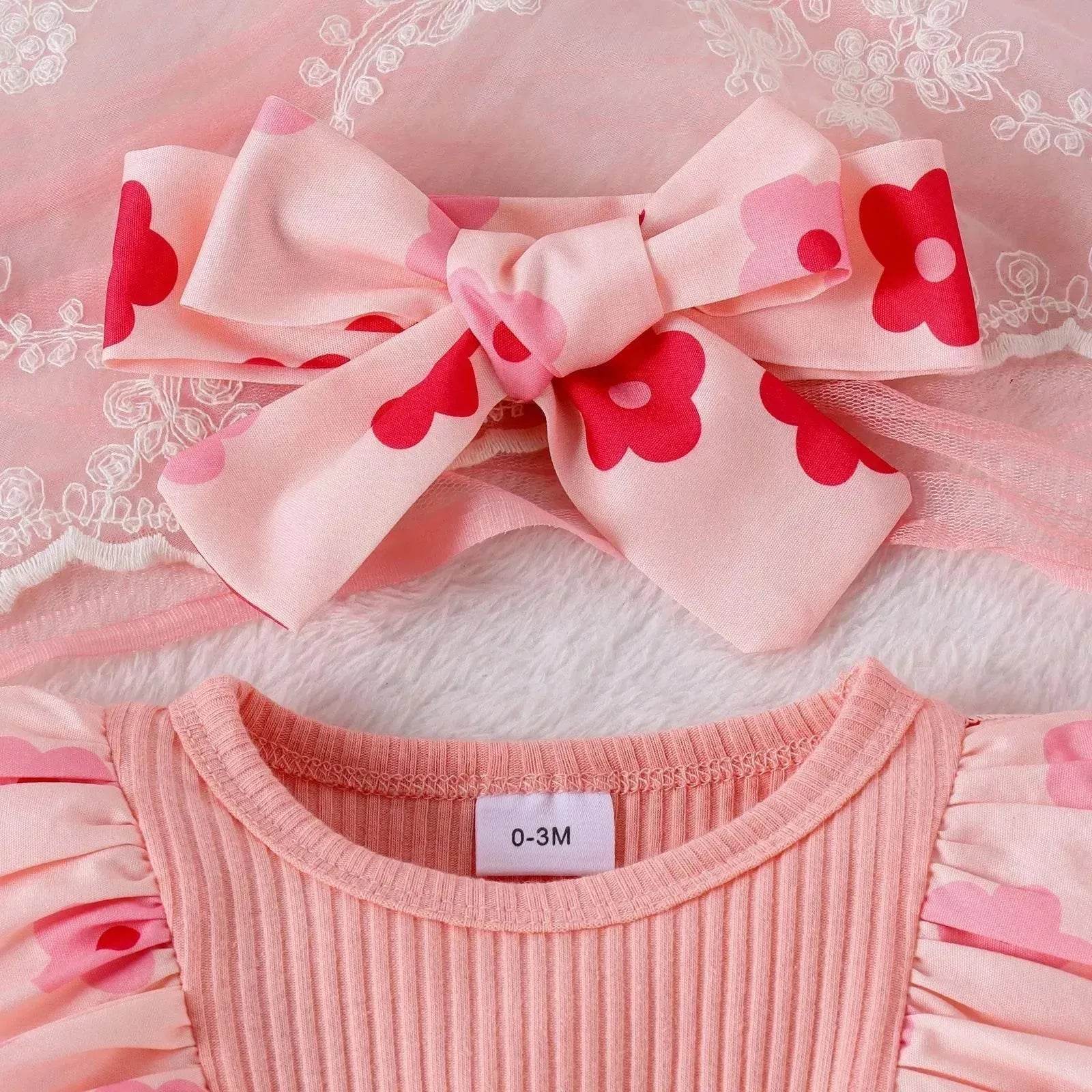 One-piece Romper Pants Bow Headdress Suit Baby girl casual pink romper with head bowtie - www.Shopthatapp.com