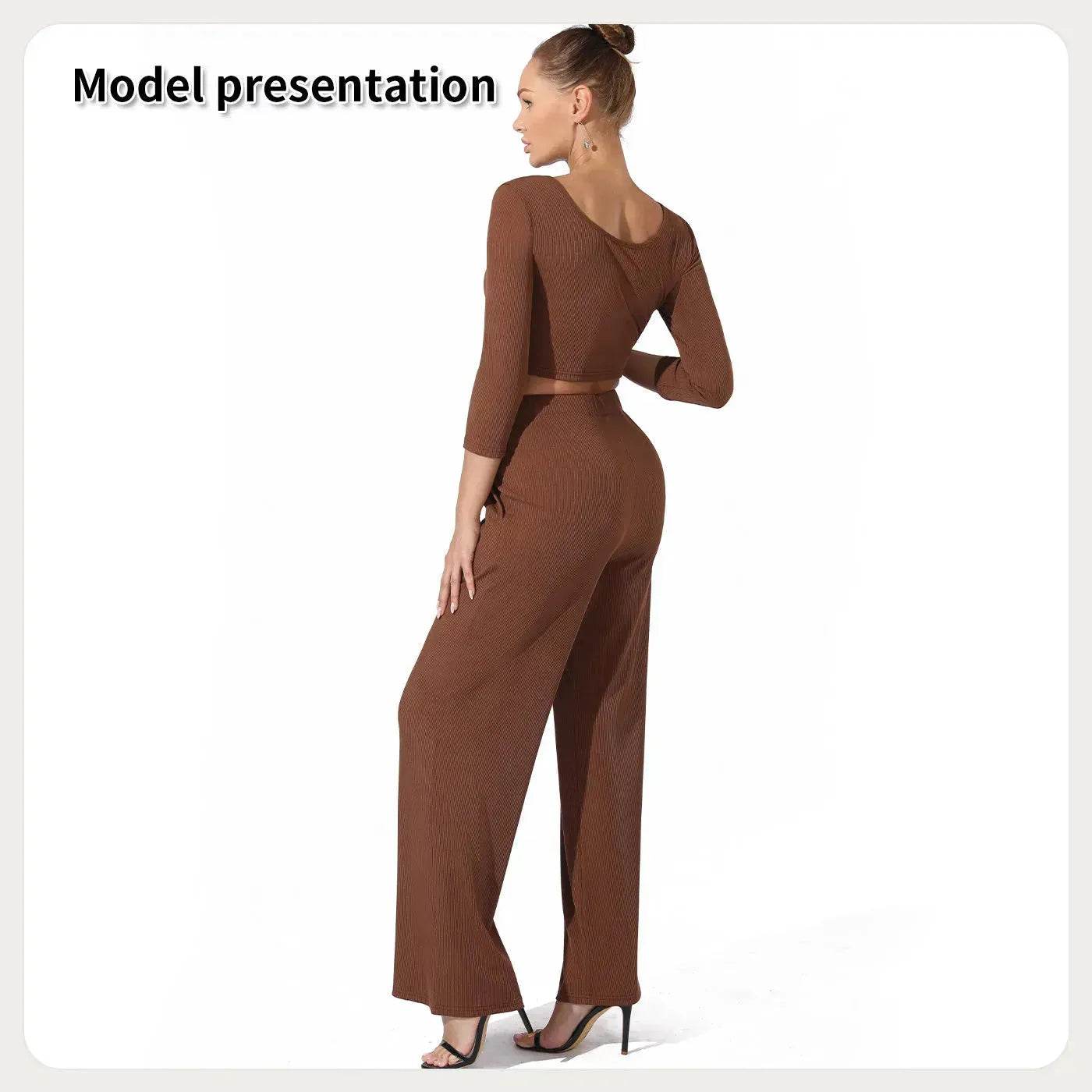 Women Fashion Casual Matching 2pcs set Long Sleeve Crop top and Pant set - www.Shopthatapp.com