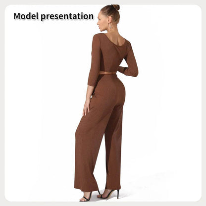 Women Fashion Casual Matching 2pcs set Long Sleeve Crop top and Pant set - www.Shopthatapp.com