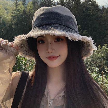 Summer Denim Bucket Hat for women Distressed Sun-proof Face-showing Small Hat