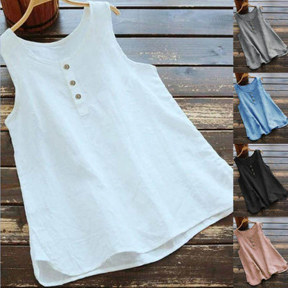 Solid Color Round Neck Loose Casual Vest Cotton Linen summer blouse top for Women - www.Shopthatapp.com