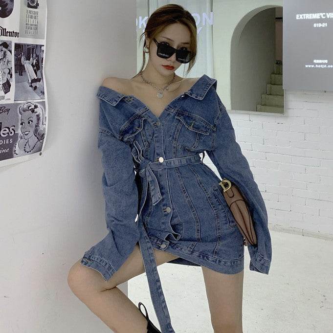 Street Fashion Long sleeve denim Mini Jeans dress - www.Shopthatapp.com