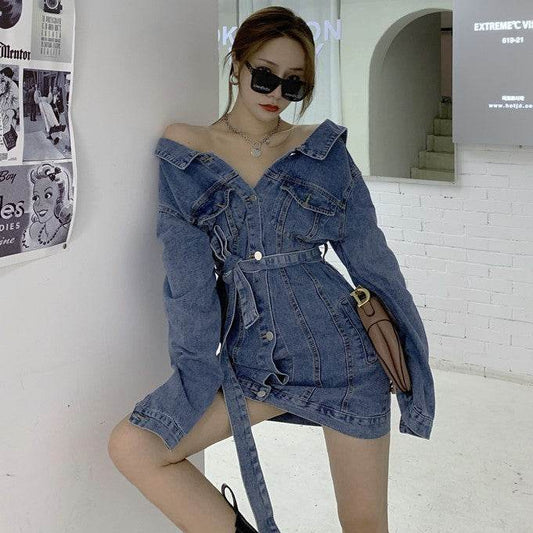 Street Fashion Long sleeve denim Mini Jeans dress - www.Shopthatapp.com