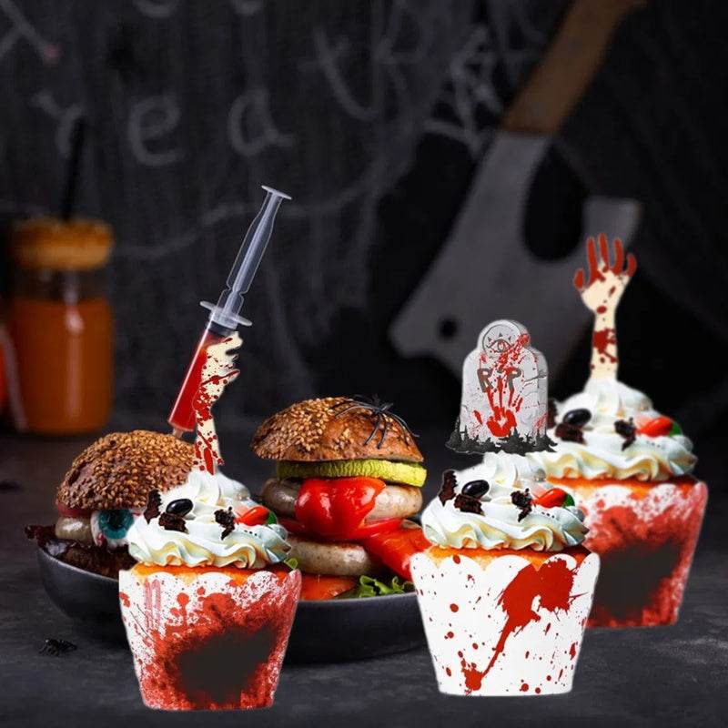 48Pcs Halloween Cupcake Toppers Wrappers Rip Kit Bloody Zombie Hand Cupcake Pick Decorations For Halloween Horror Movie Bloody Theme Birthday Party Cake Decorations Supplies - www.Shopthatapp.com #