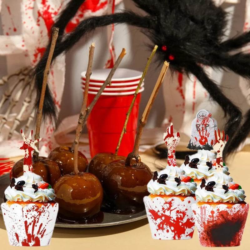 48Pcs Halloween Cupcake Toppers Wrappers Rip Kit Bloody Zombie Hand Cupcake Pick Decorations For Halloween Horror Movie Bloody Theme Birthday Party Cake Decorations Supplies - www.Shopthatapp.com #