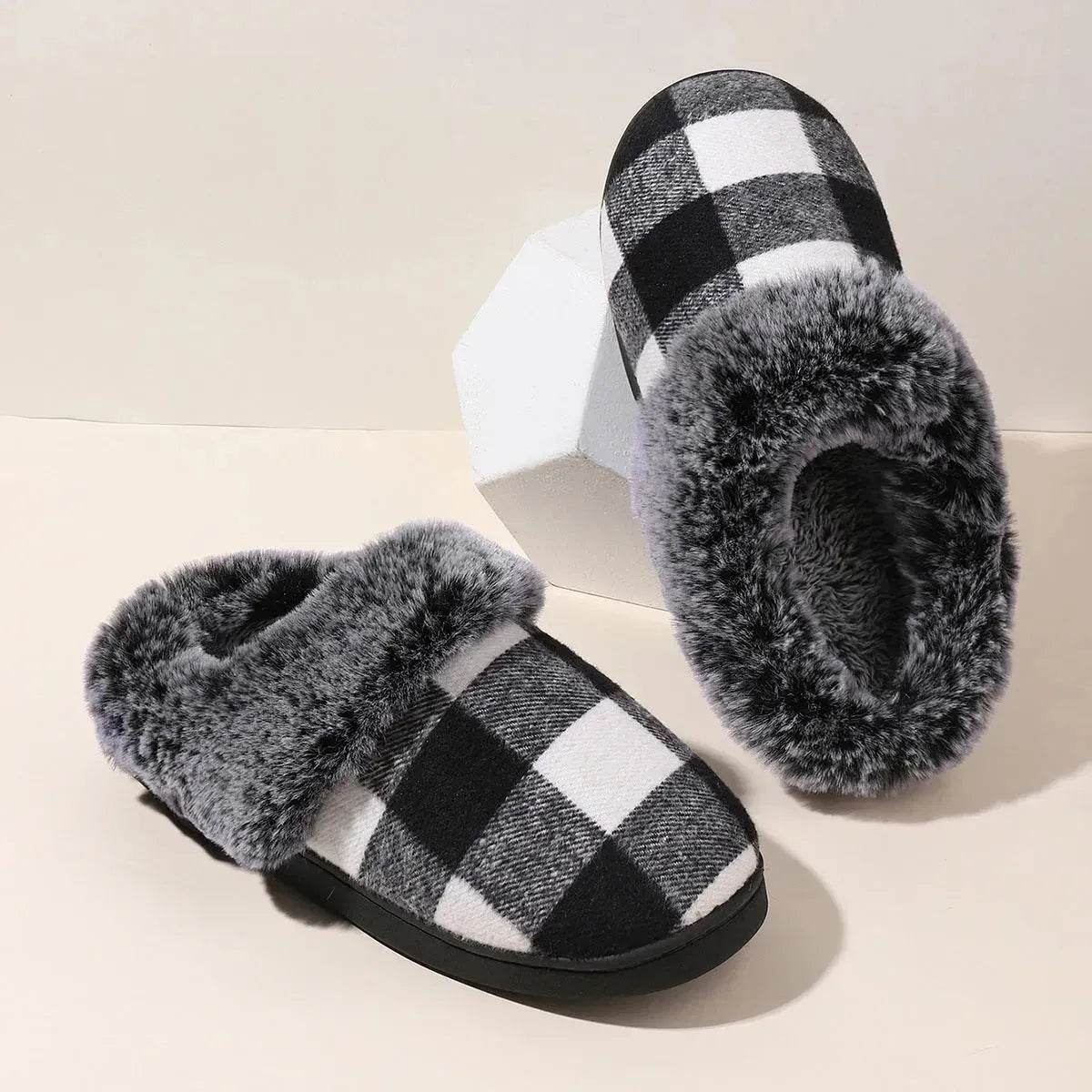 Winter Warm Plaid Plush Slippers Home Indoor Non-slip Bedroom Floor Soft Fuzzy Slipper For Couple Fashion Solid House Shoes - www.Shopthatapp.com