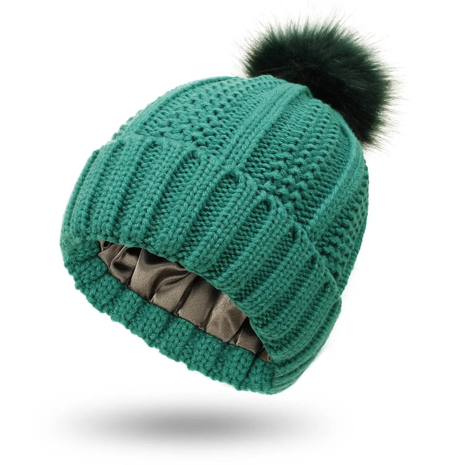 Stretchy Satin Lined Skull Knit  Faux Fur Pom Pom Beanie Hat - www.Shopthatapp.com