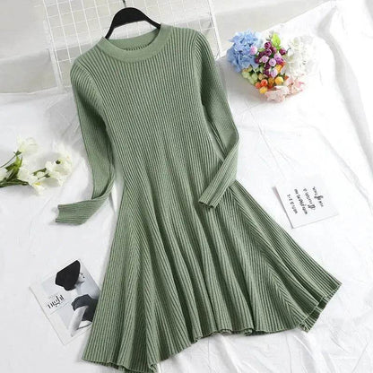 Autumn Winter Round neck Slim fit Mini Flared Sweater Dress - www.Shopthatapp.com