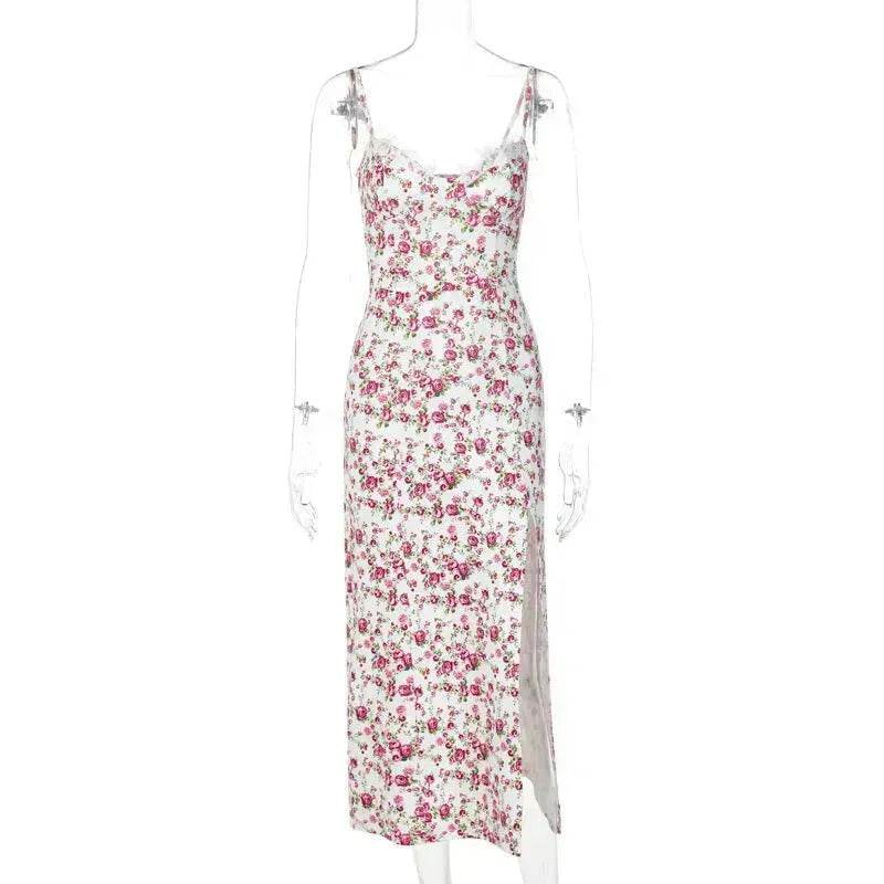 Women's Floral Spaghetti Strap Cami Dress Lace Trim Side Slit Bodycon Midi summer Dress - www.Shopthatapp.com