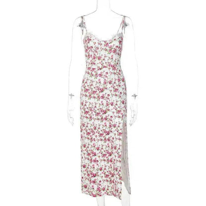 Women's Floral Spaghetti Strap Cami Dress Lace Trim Side Slit Bodycon Midi summer Dress - www.Shopthatapp.com