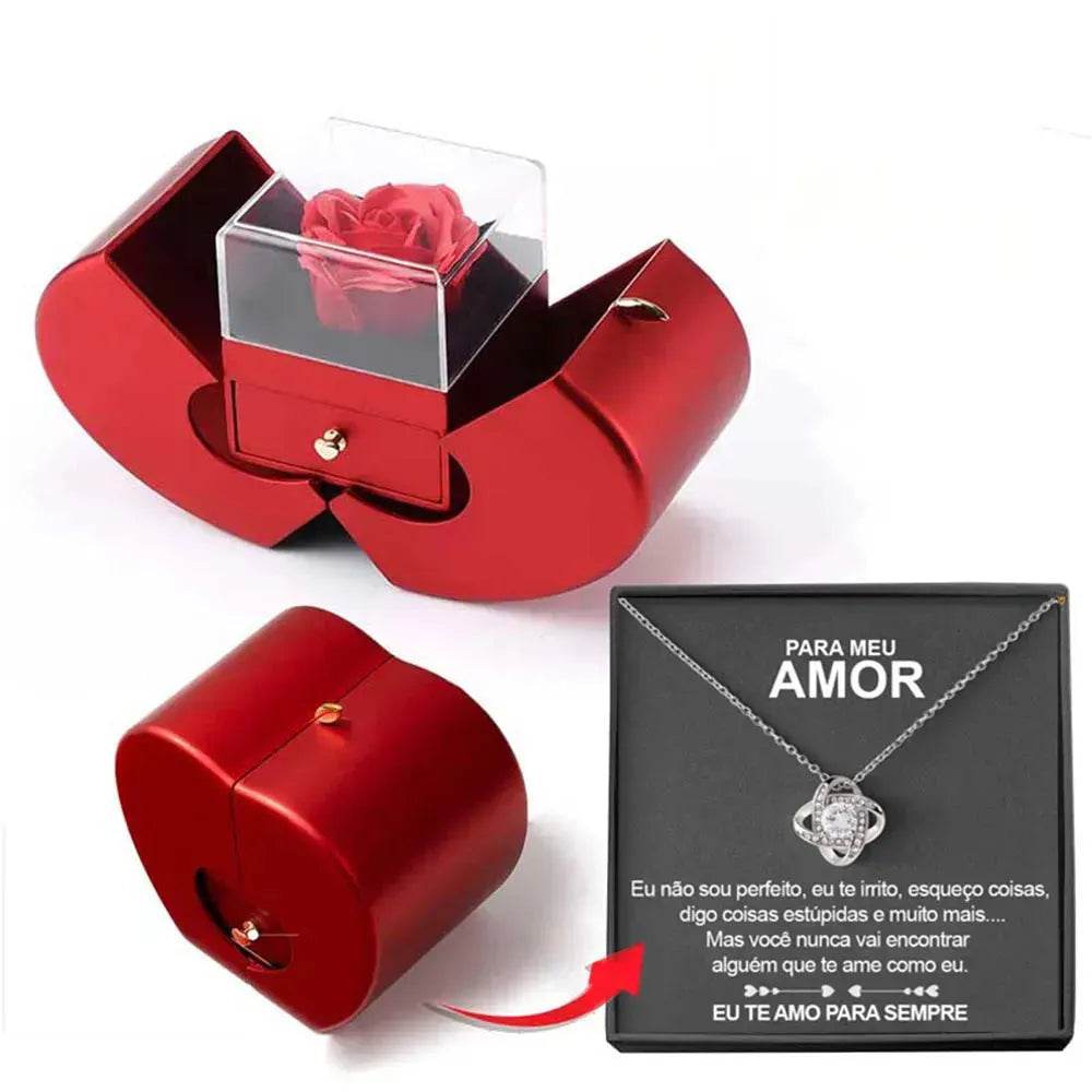 Fashion Jewelry Box Red Apple Christmas Gift Necklace Eternal Rose For Girl Mother's Day Valentine's Day Gifts With Artificial Flower Rose Flower Jewelry Box - www.Shopthatapp.com