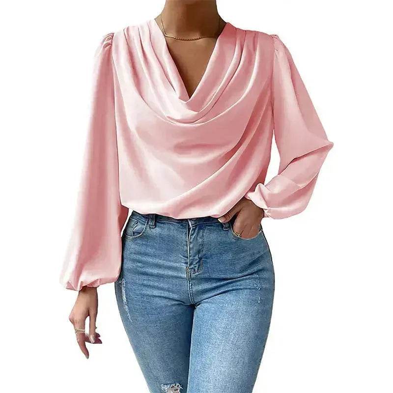 Casual Evening Top for Women Long-sleeved Shirt Loose V-neck chiffon blouse Top women - www.Shopthatapp.com