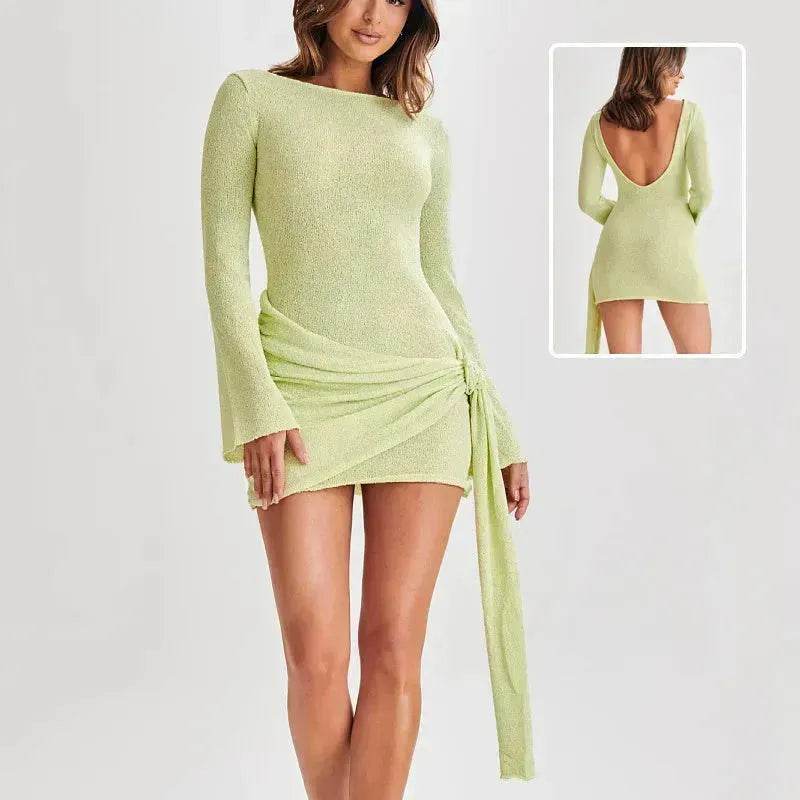 Fashion Suspender Slim Long-sleeved Dress Y2K Charming Hip-hugging V-shaped Backless Bodycon Short Mini Dresses Womens Clothing - www.Shopthatapp.com