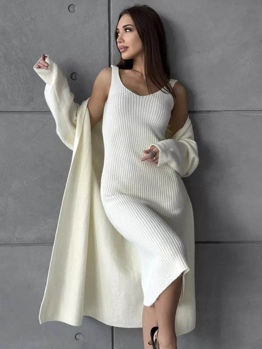 Women 2pcs Winter outfit set  Long dress Cashmere Long Cardigan Jacket - www.Shopthatapp.com