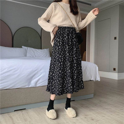 Casual Floral New Fresh High Waist Slimming Korean-style Midi A- Line Skirt - www.Shopthatapp.com